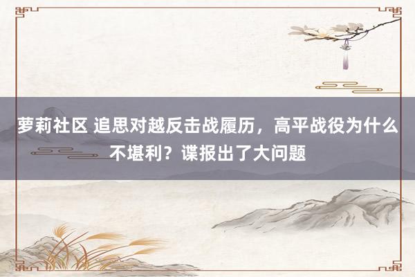 萝莉社区 追思对越反击战履历，高平战役为什么不堪利？谍报出了大问题